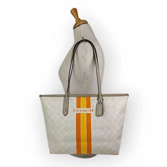 Coach Varsity Stripe City Zip Tote in Signature 38405 Silver/Chalk Orange Bag - Picture 2 of 13